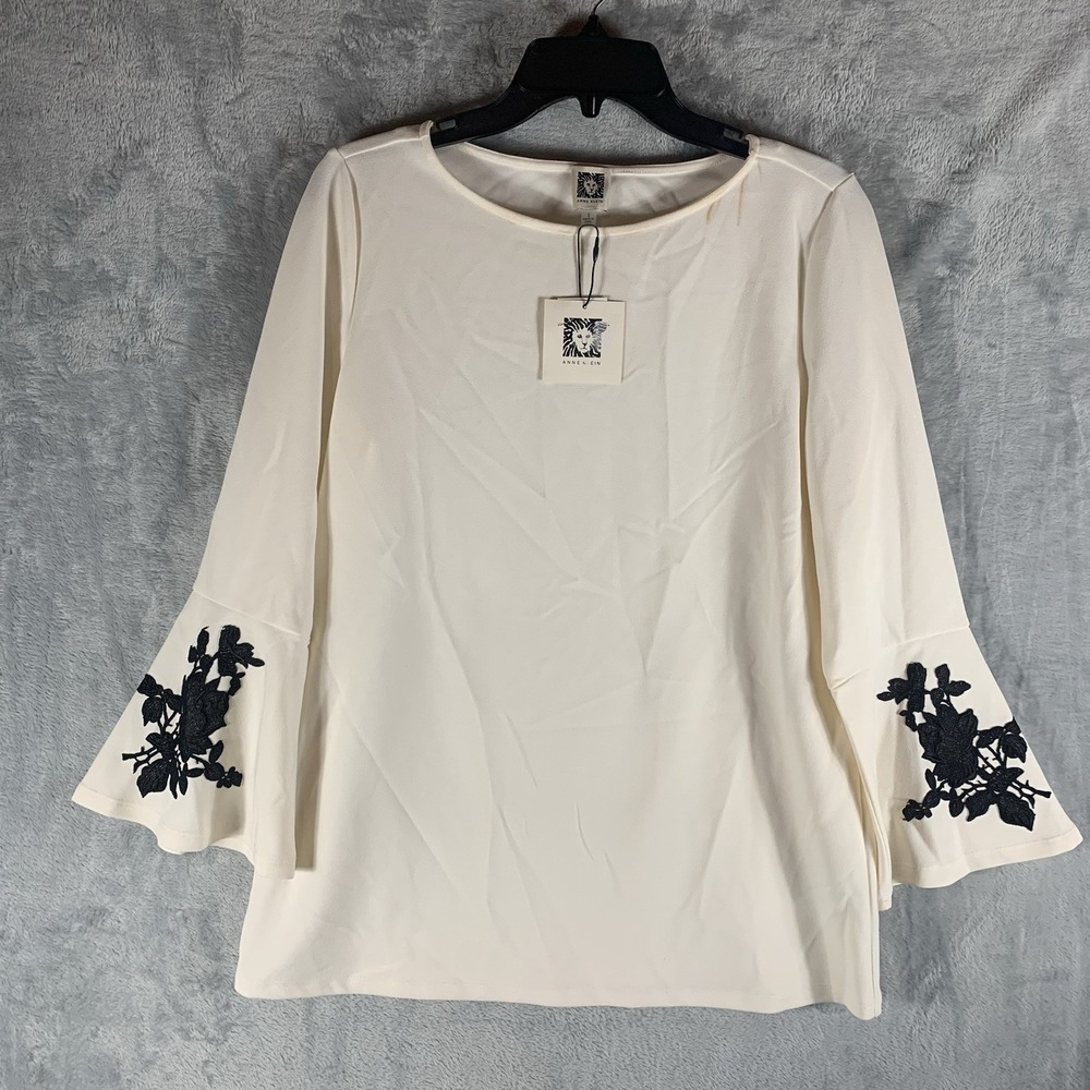 Anne Klein Women's Top S 3/4 Sleeve White Dove Embroidered Bell‎ Sleeve